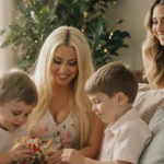 Britney Spears gently playing with Roman and Dylan on a cozy living room couch with Paris Hilton smiling in background