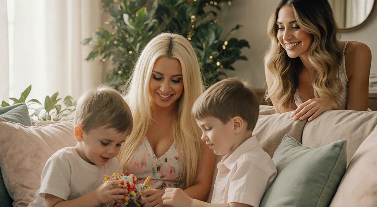 Britney Spears gently playing with Roman and Dylan on a cozy living room couch with Paris Hilton smiling in background