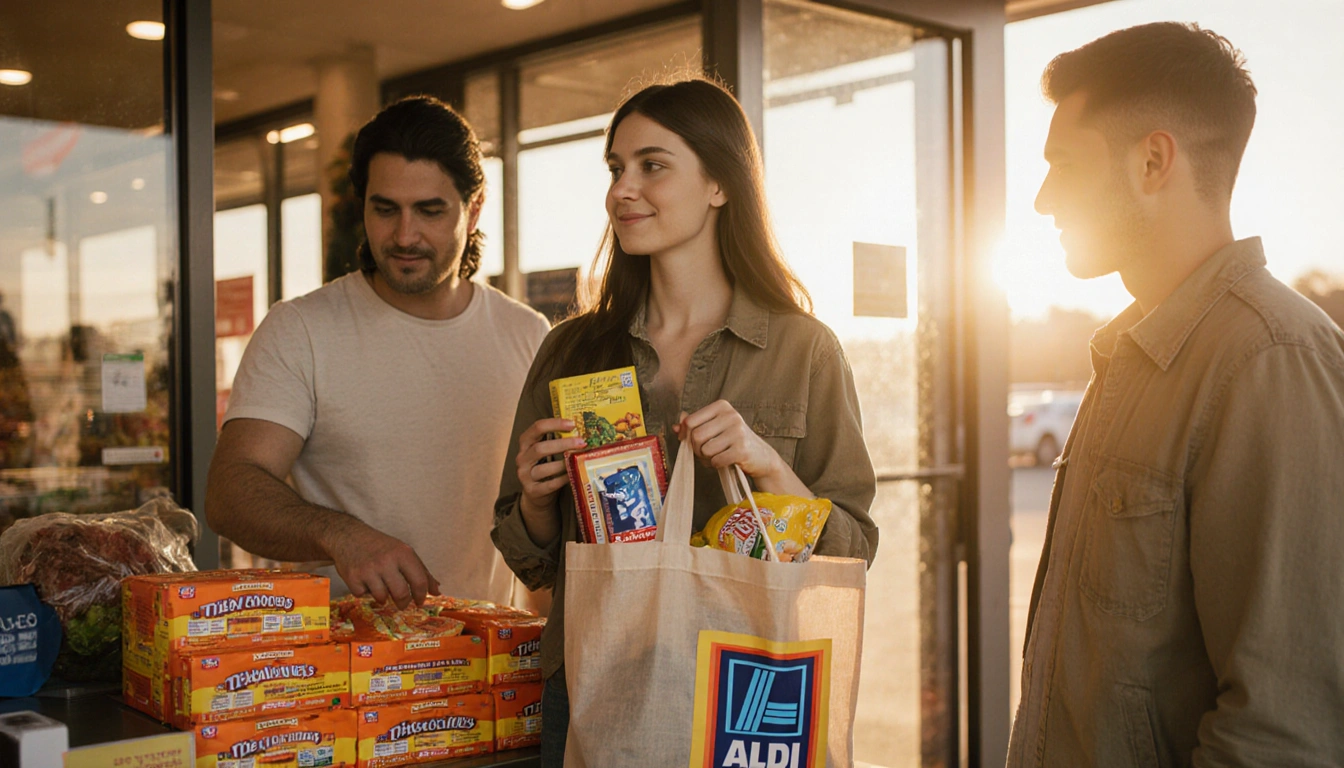Brittany holds a reusable Aldi bag with bright orange packaging while Frank looks on at the checkout counter at sunset