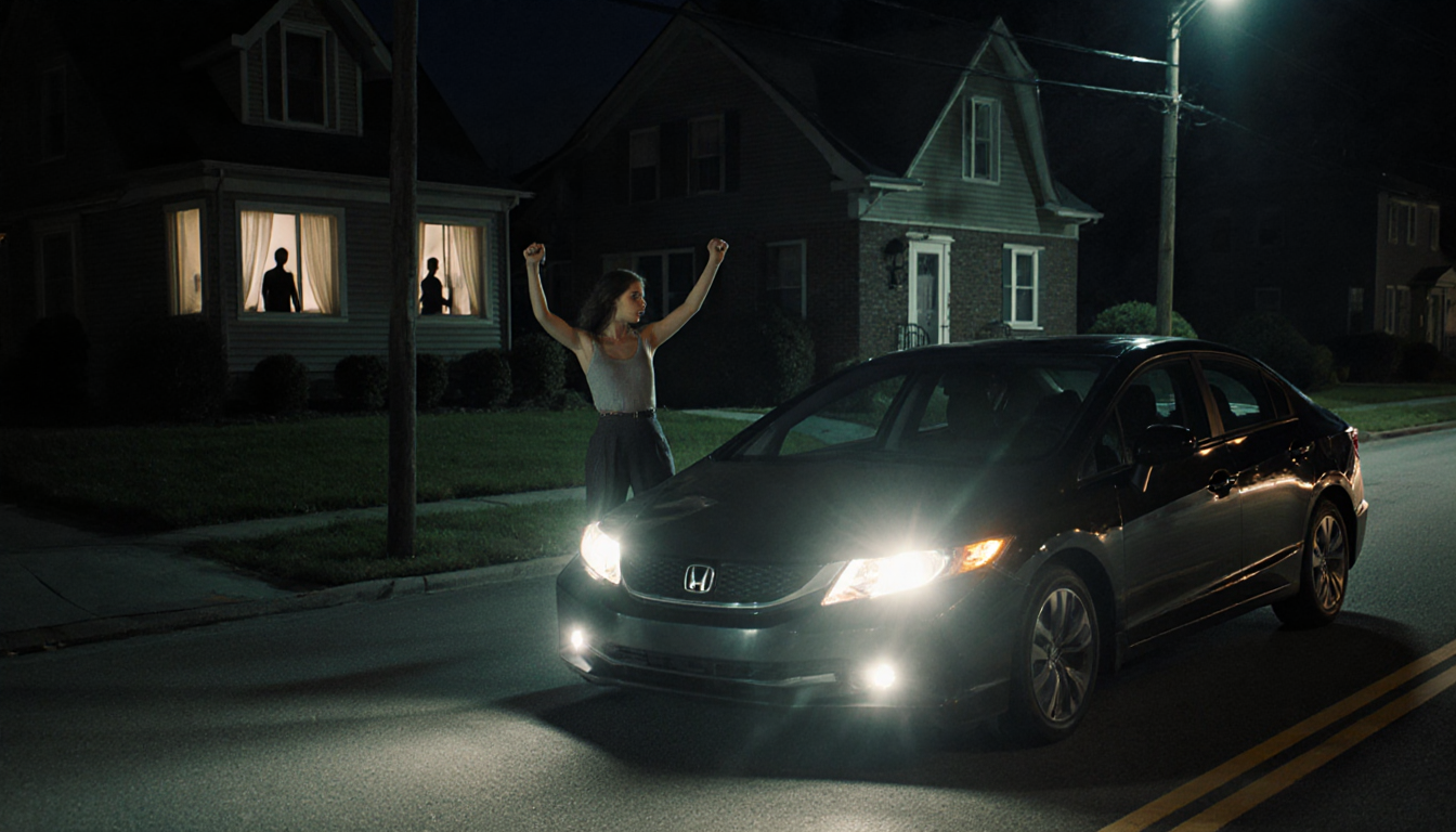 Young woman threatens with arms raised beside Honda Civic with headlights blazing toward camera and suburban house looming