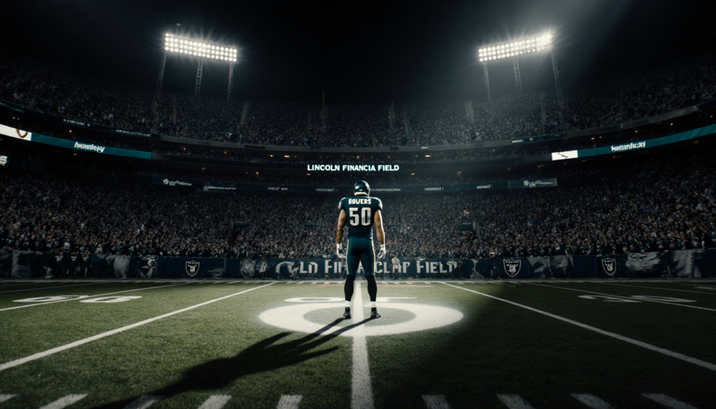 Brock Bowers standing alone on the field with a halo of light and Eagles fans in midnight green surrounding Las Vegas Raiders
