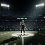 Brock Bowers standing alone on the field with a halo of light and Eagles fans in midnight green surrounding Las Vegas Raiders