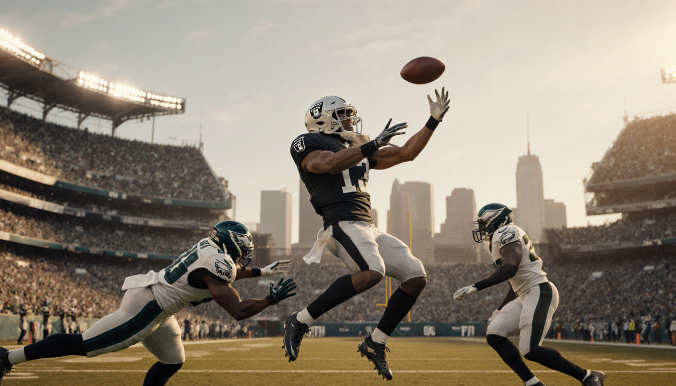 Brock Bowers leaps catching a touchdown pass with defenders closing in and warm lights over blurred Lincoln Field background.