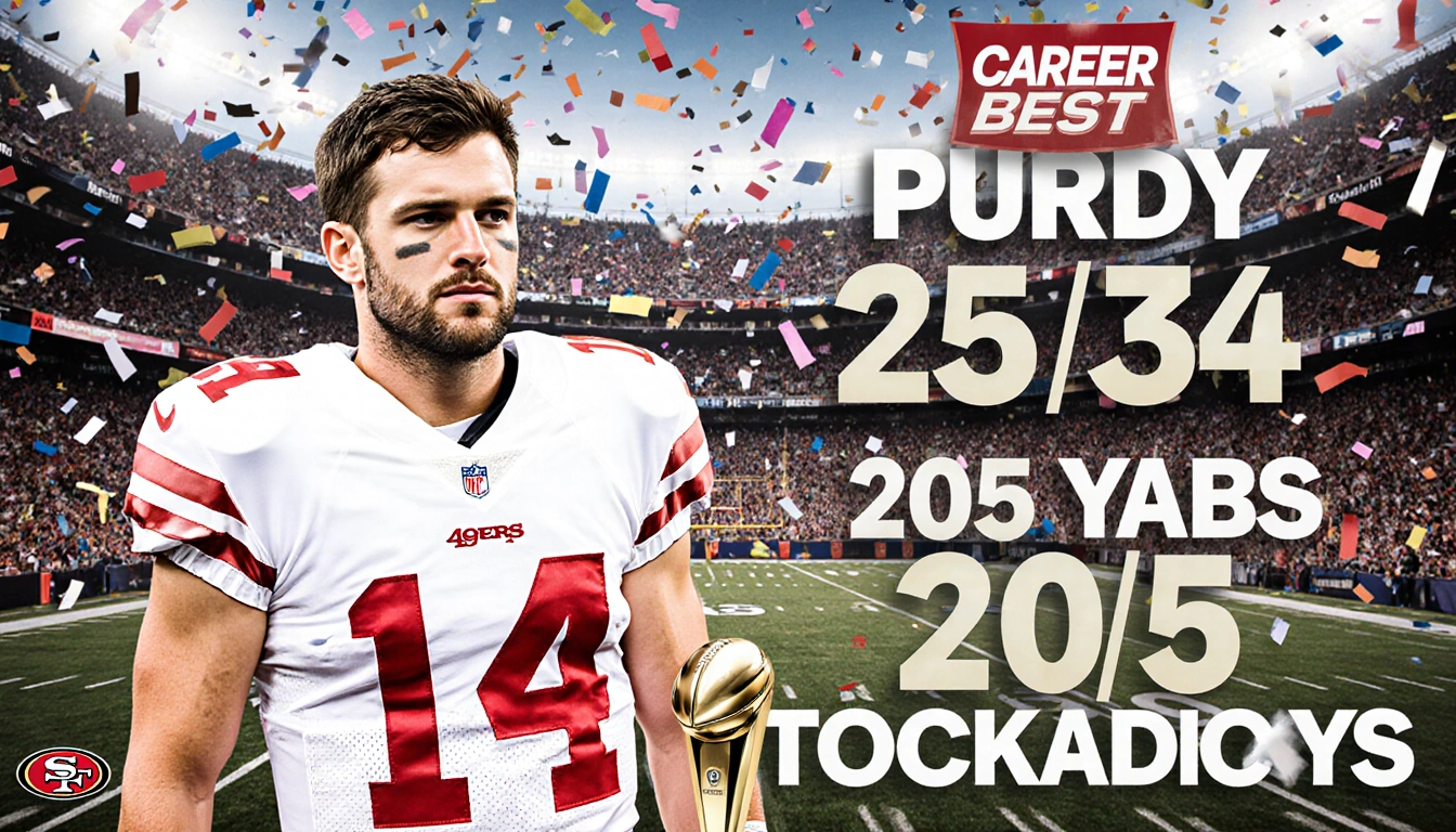 Brock Purdy standing on 49ers field in uniform with confetti falling and a trophy showing 25/34 passes 295 yards 5 touchdowns