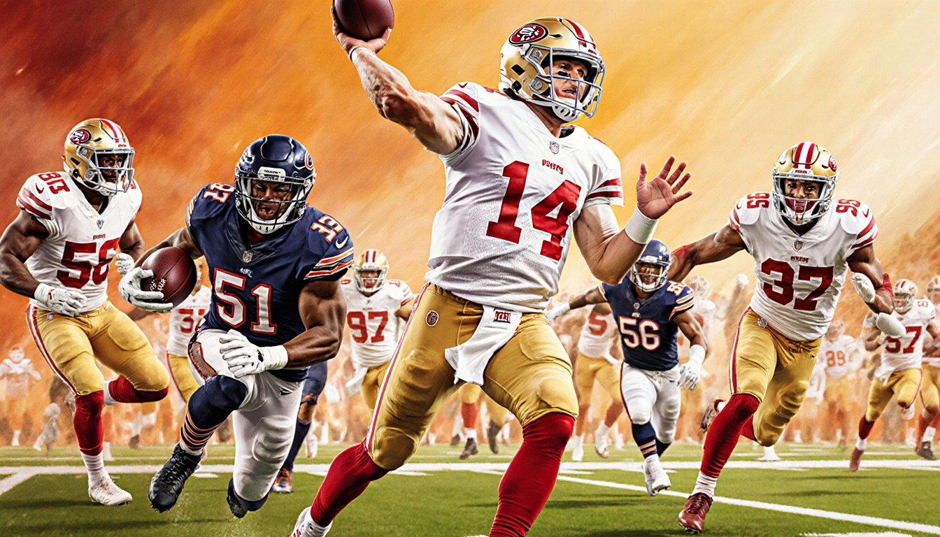 Brock Purdy throws a touchdown pass with ball in mid-air while Christian McCaffrey rushes toward the end zone.