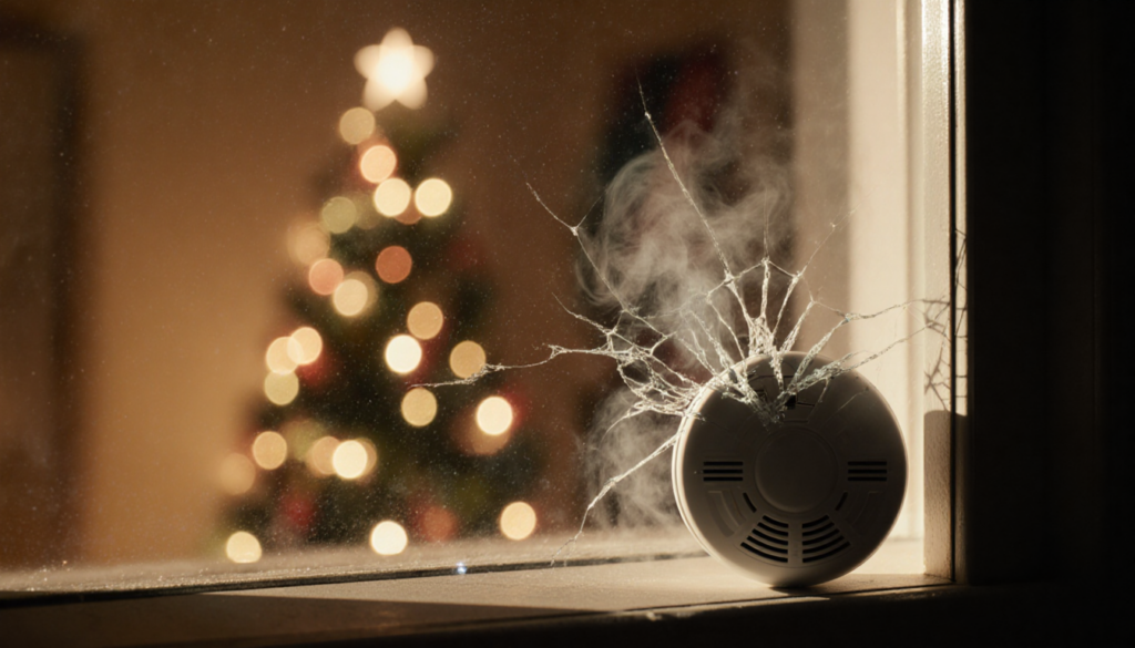 Broken carbon monoxide detector flickering with faint smoke and holiday lights.