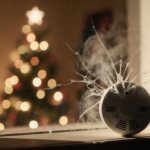 Broken carbon monoxide detector flickering with faint smoke and holiday lights.