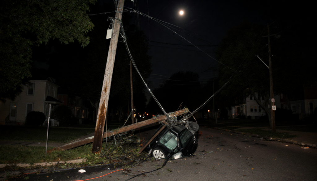 Broken power pole lying on street in Oxford Circle with flip-down car roof above it and downed wires across pavement.