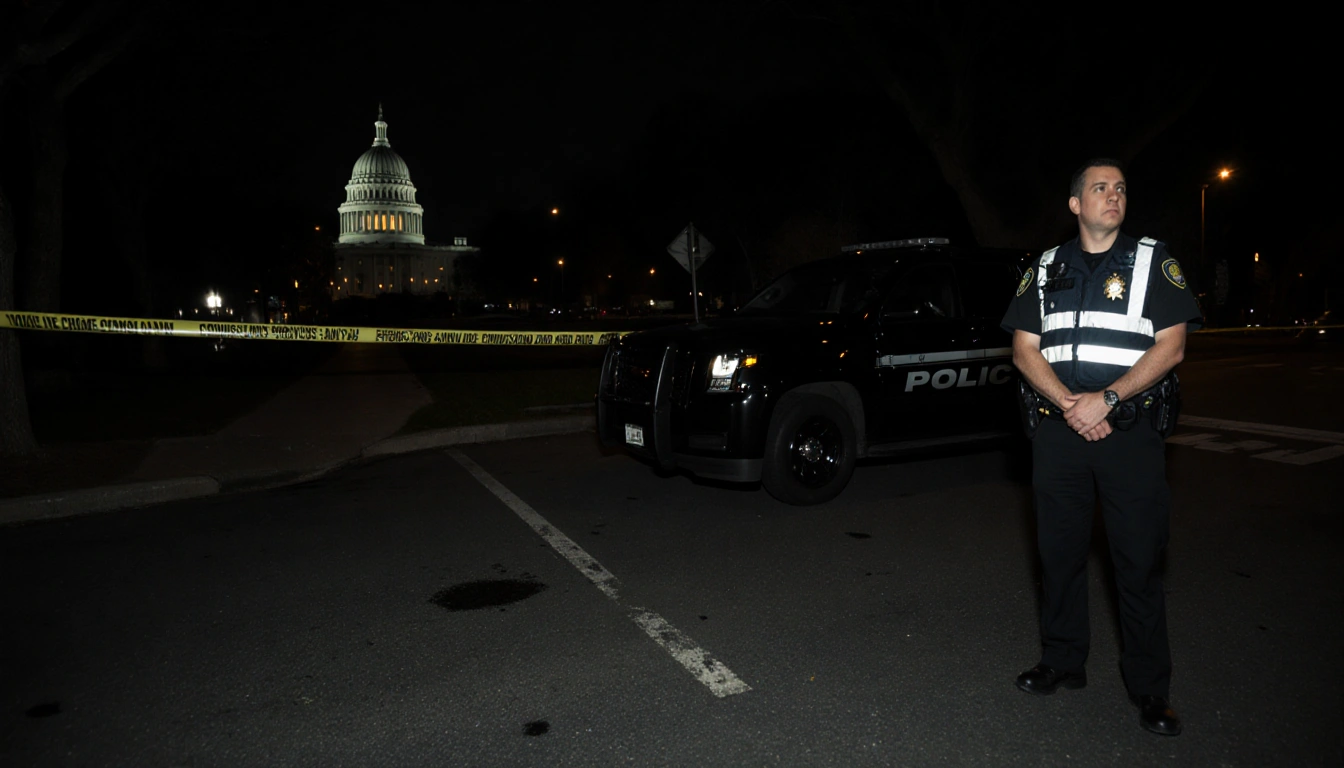 Police officer standing beside body with crime scene tape and black SUV in night street