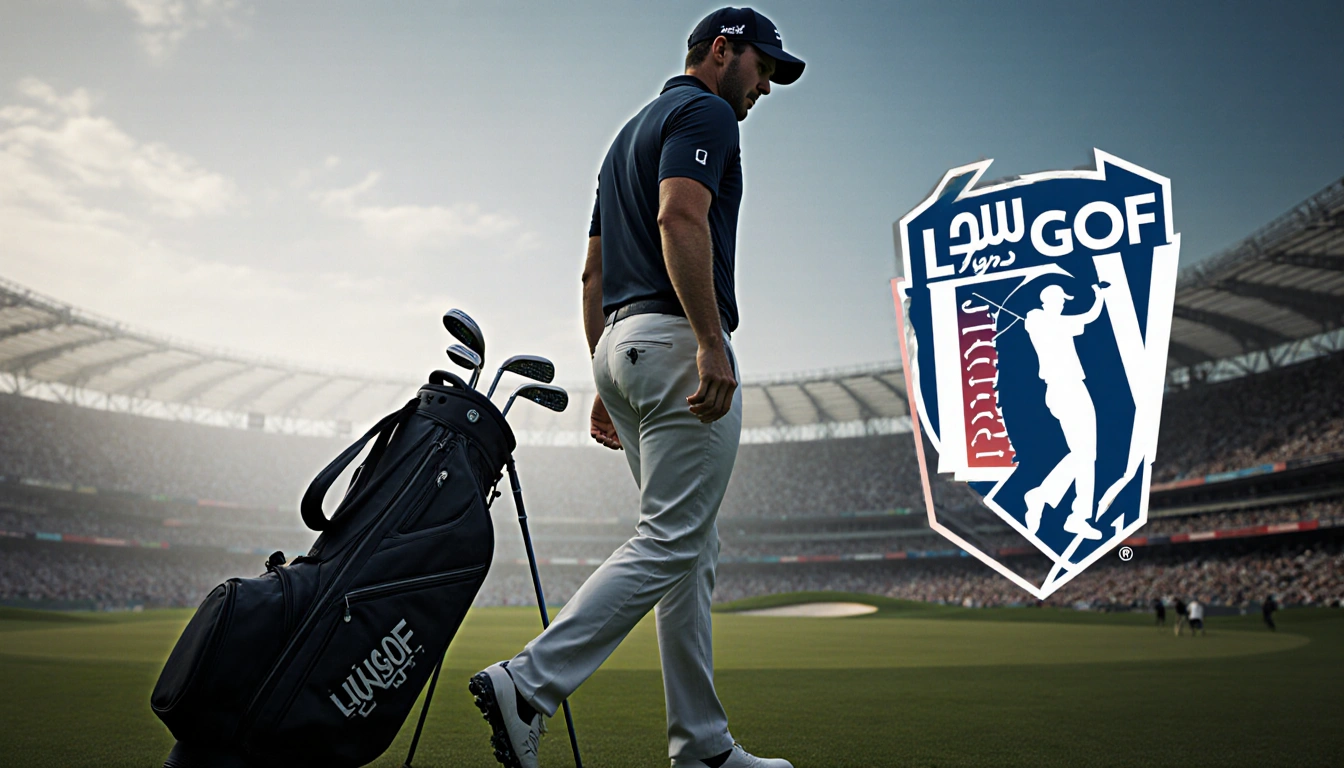 Brooks Koepka walking away from the LIV Golf logo with his clubs scattered behind him and a blurred stadium in background