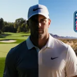 Brooks Koepka standing with split-screen of lush PGA course and desert LIV course showing tension and uncertainty