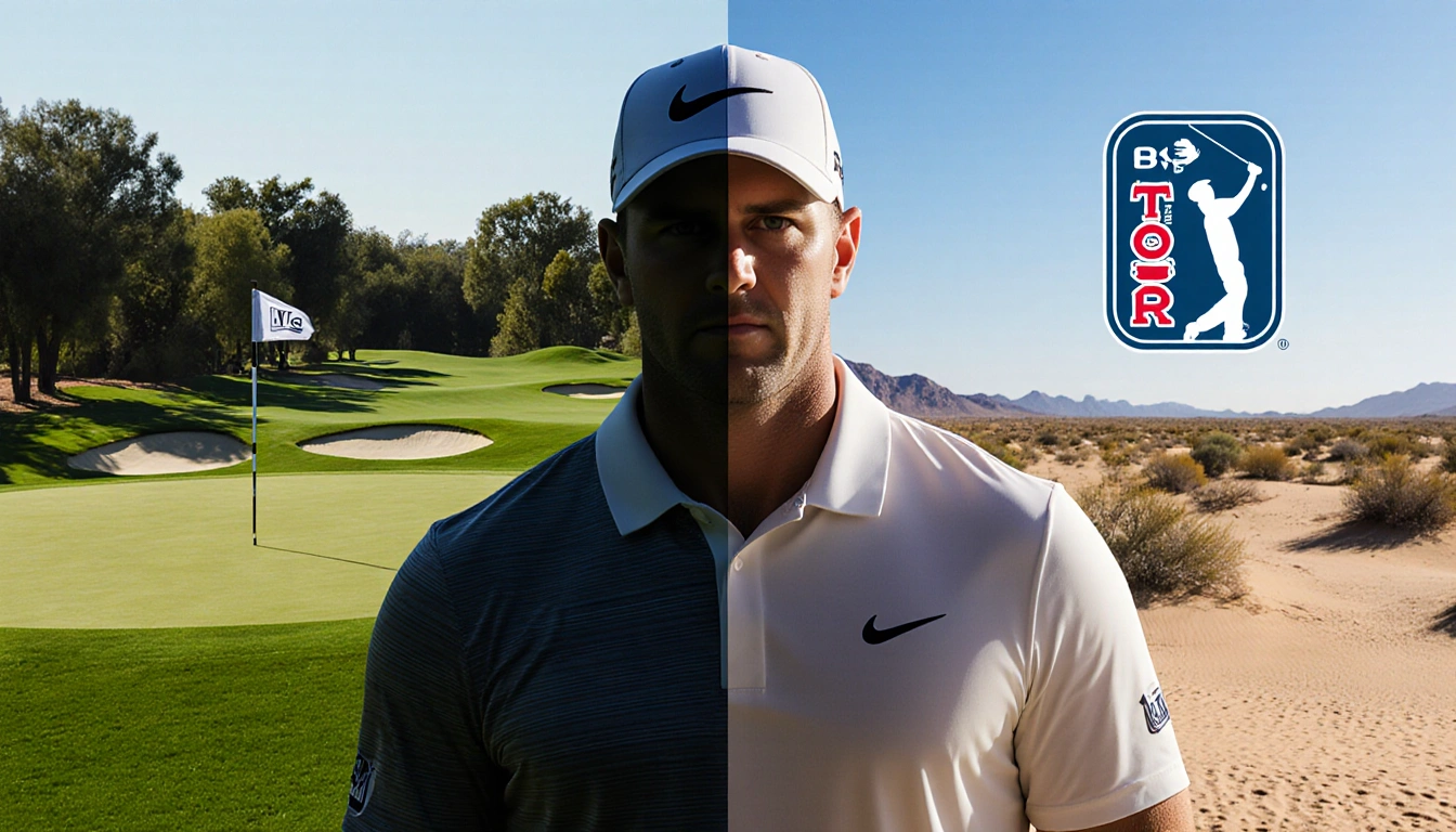 Brooks Koepka standing with split-screen of lush PGA course and desert LIV course showing tension and uncertainty