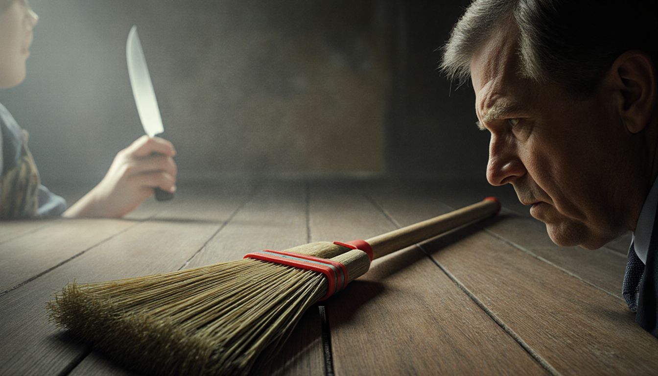 Mayor holds a broom with a child's hand holding a butter knife in the background.