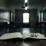 Torn white folder lies open on a bench with dim hallway lockers and a distant window casting shadow