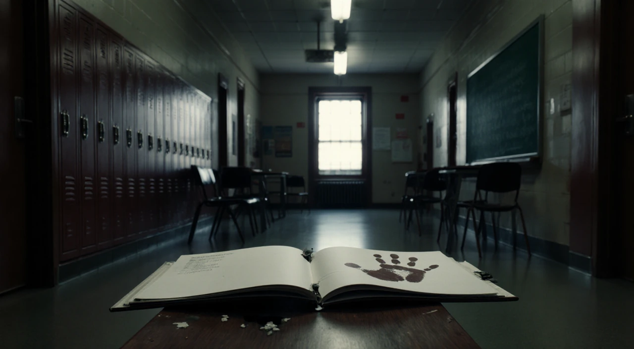 Torn white folder lies open on a bench with dim hallway lockers and a distant window casting shadow