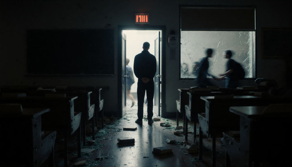 Figure in black standing near a door with shattered glass and scattered books in a dimly lit hall