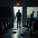 Figure in black standing near a door with shattered glass and scattered books in a dimly lit hall