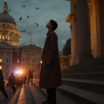Student standing on Main Hall steps looking up with Rhode Island State House glowing golden and siren alarms in background