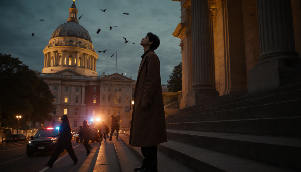 Student standing on Main Hall steps looking up with Rhode Island State House glowing golden and siren alarms in background