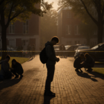 Student standing alone with backpack and police tape marking a nearby classroom.