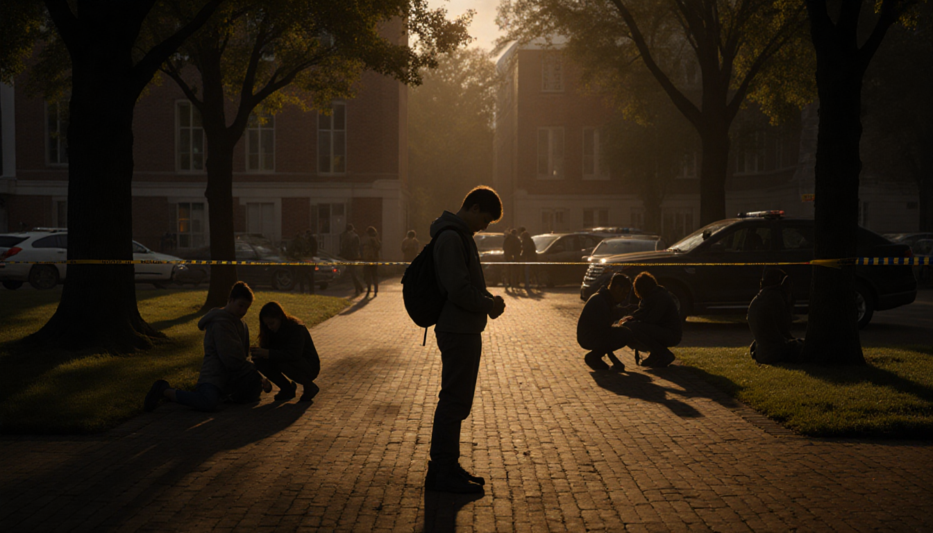Student standing alone with backpack and police tape marking a nearby classroom.