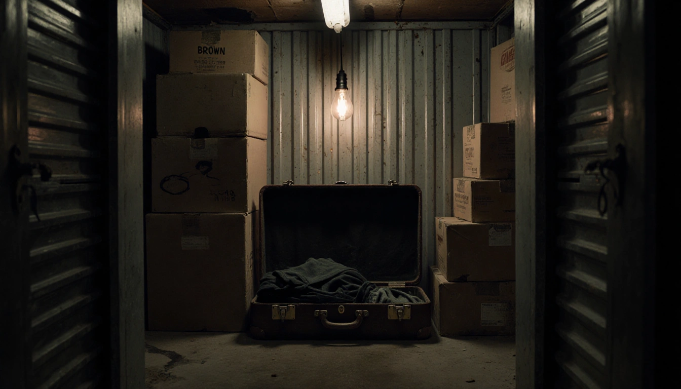 Worn suitcase opens revealing dark clothes with dusty boxes and flickering fluorescent light in abandoned storage unit