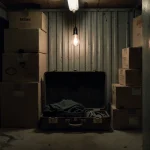 Worn suitcase opens revealing dark clothes with dusty boxes and flickering fluorescent light in abandoned storage unit