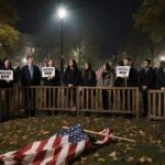 Students raising voices with Justice Now signs near a fallen American flag on a dimly lit Brown quad