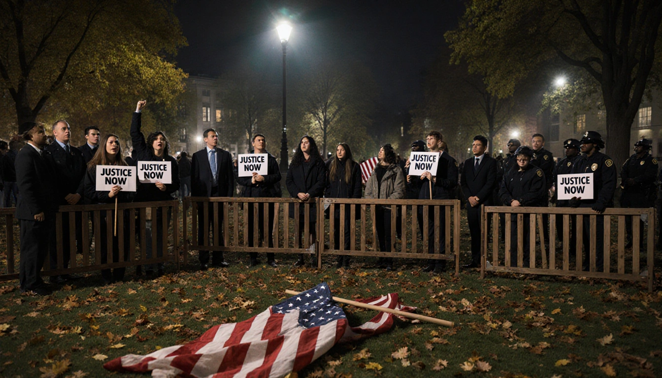 Students raising voices with Justice Now signs near a fallen American flag on a dimly lit Brown quad