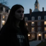 Young woman student walking alone at dusk with a faint silhouette near Brown University buildings
