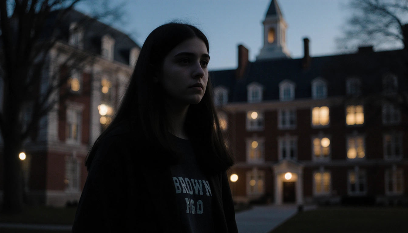 Young woman student walking alone at dusk with a faint silhouette near Brown University buildings