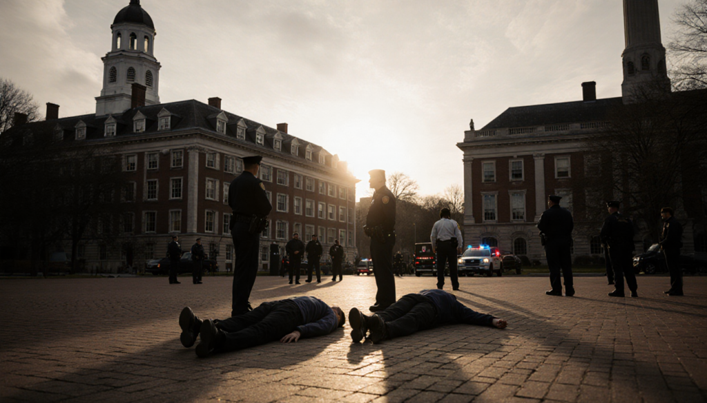 Two students lying motionless on ground with medical responders and police near Brown University quad at sunset