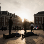 Two students lying motionless on ground with medical responders and police near Brown University quad at sunset