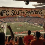 Buccaneers players running onto field with orange fans cheering in stadium and golden light adding nostalgic glow