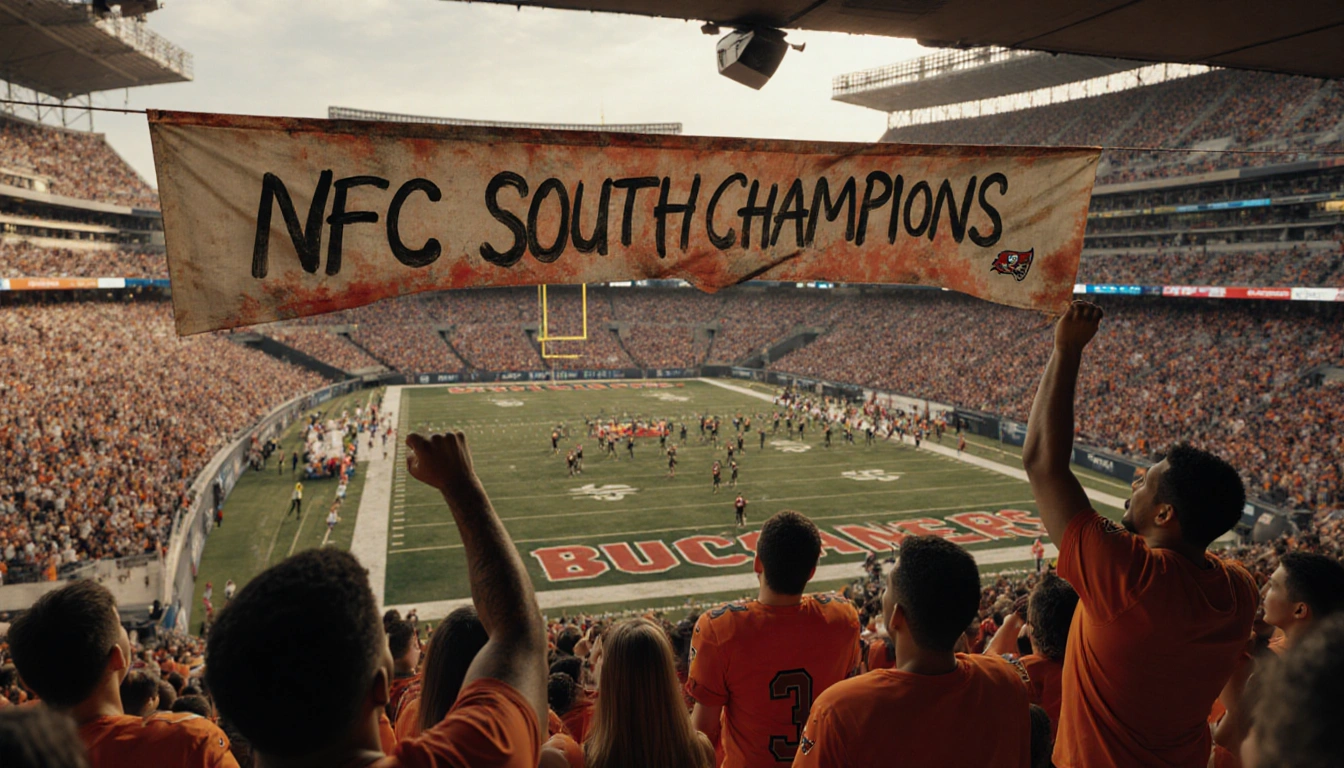 Buccaneers players running onto field with orange fans cheering in stadium and golden light adding nostalgic glow