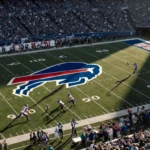 James Cook sprinting towards the goal line with the Buffalo Bills logo on the field and an Eagles defender in pursuit