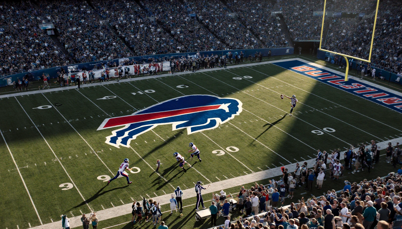 James Cook sprinting towards the goal line with the Buffalo Bills logo on the field and an Eagles defender in pursuit