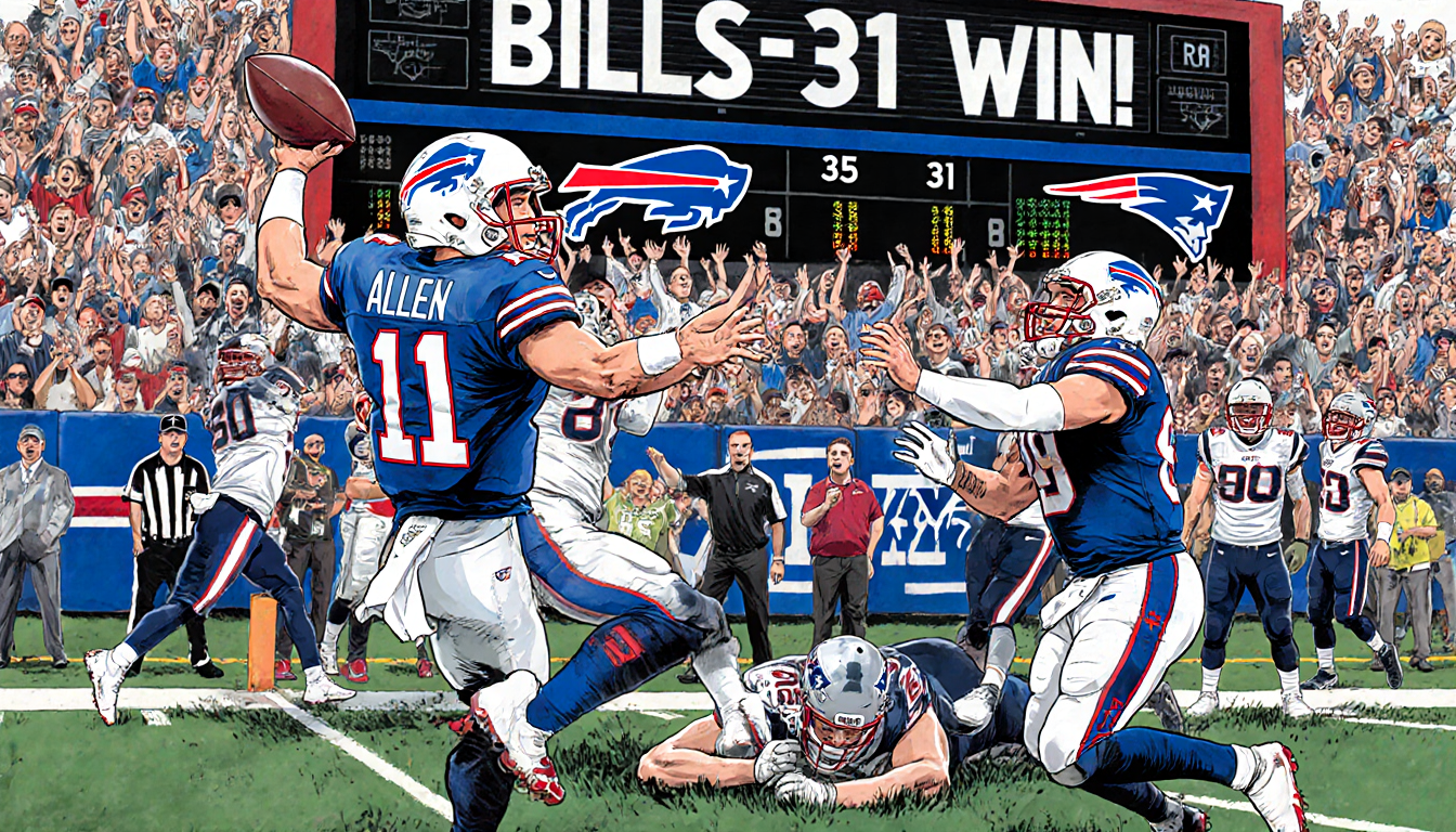 Josh Allen throwing a touchdown pass with teammates celebrating and Patriots in disarray Buffalo Bills scoreboard 35-31 win