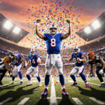 Buffalo Bills quarterback raises arms with confetti exploding and sunset lighting the stadium