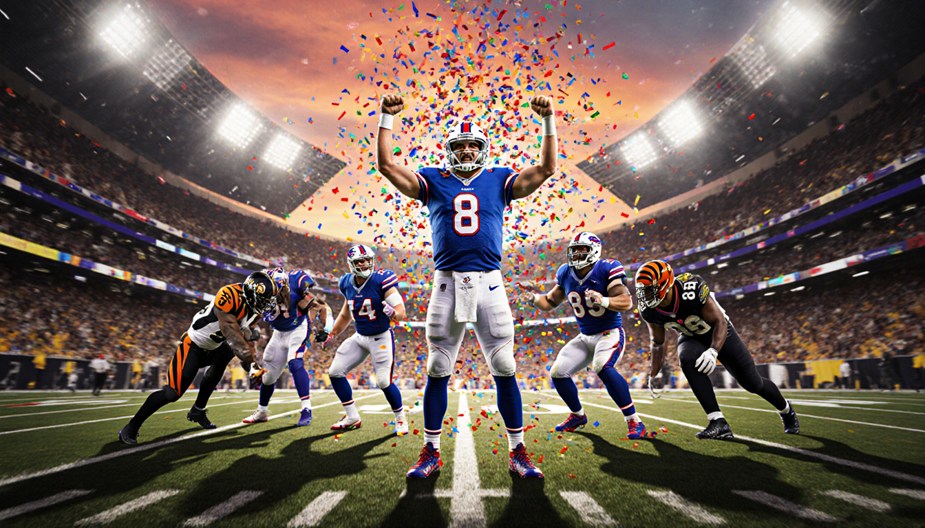 Buffalo Bills quarterback raises arms with confetti exploding and sunset lighting the stadium