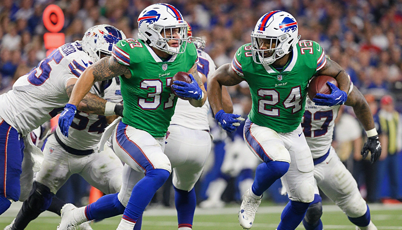 Josh Allen and Devin Singletary rushing with green Bills jerseys and defenders overwhelmed while a stadium crowd blurs behind