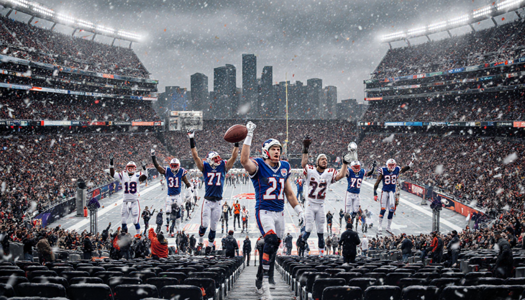 Buffalo Bills players holding footballs and trophy cups in snow during victory parade with cheering crowd