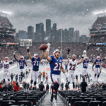 Buffalo Bills players holding footballs and trophy cups in snow during victory parade with cheering crowd