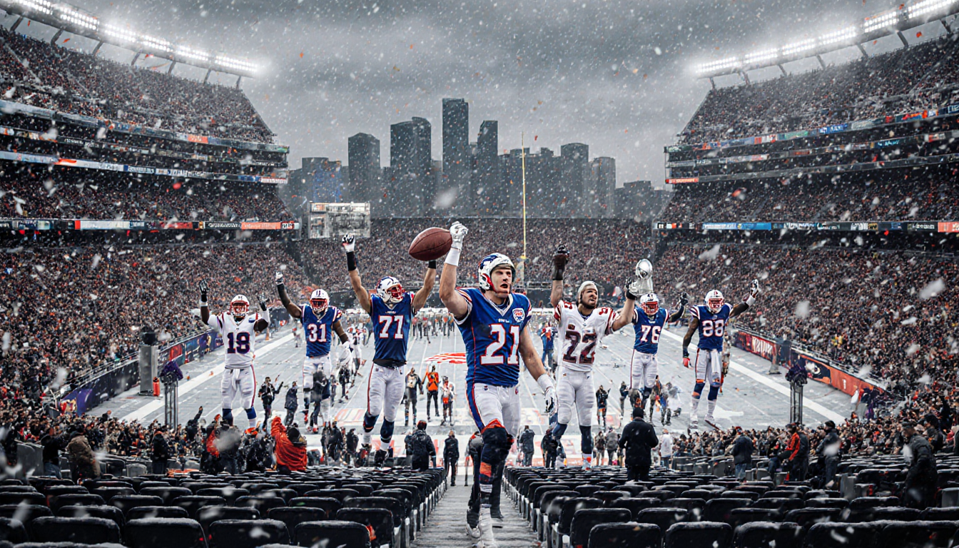 Buffalo Bills players holding footballs and trophy cups in snow during victory parade with cheering crowd