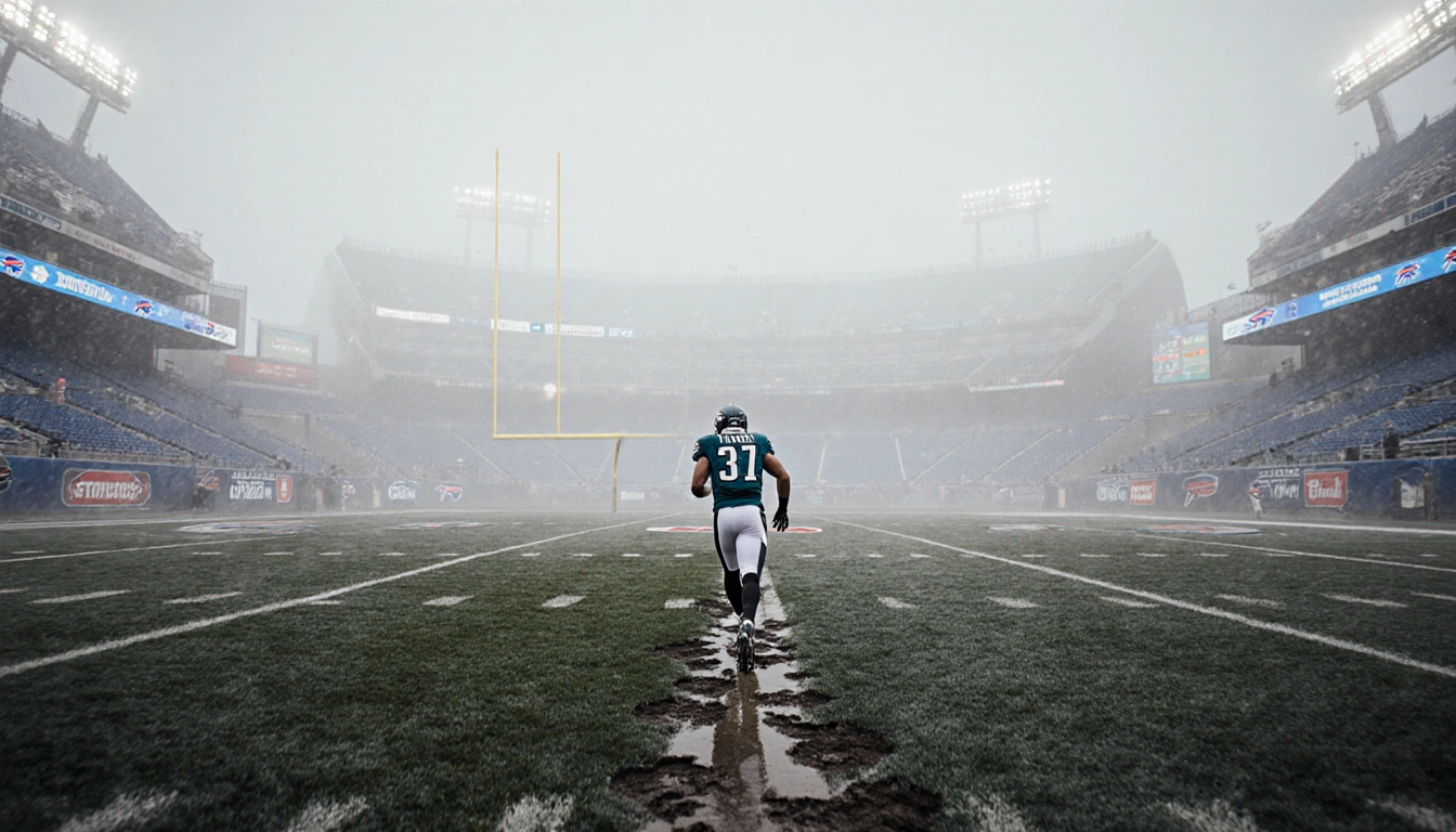 Eagles player running through wet grass with muddy footprints and misty stadium backdrop.