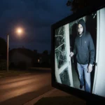 Suspect in hoodie holding a stolen watch with grainy surveillance footage of broken windows and a dark streetlight