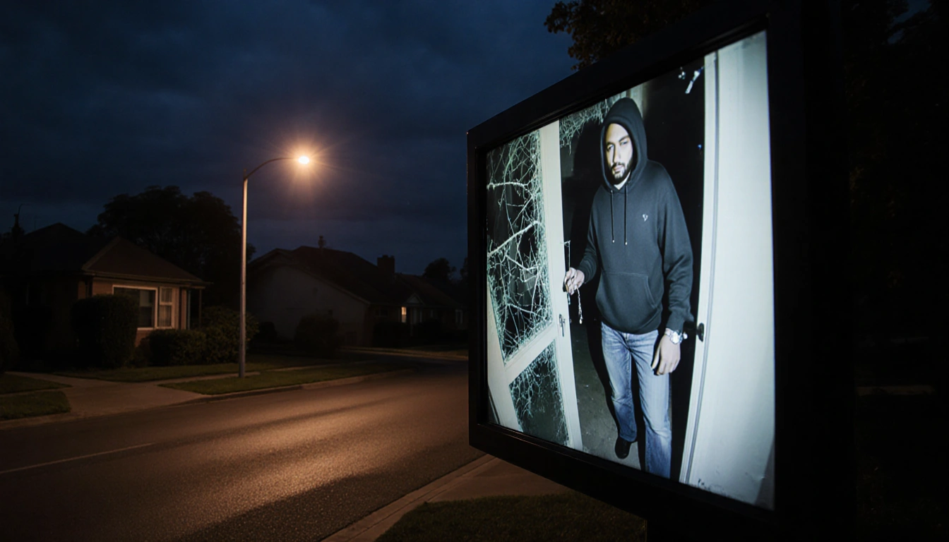 Suspect in hoodie holding a stolen watch with grainy surveillance footage of broken windows and a dark streetlight