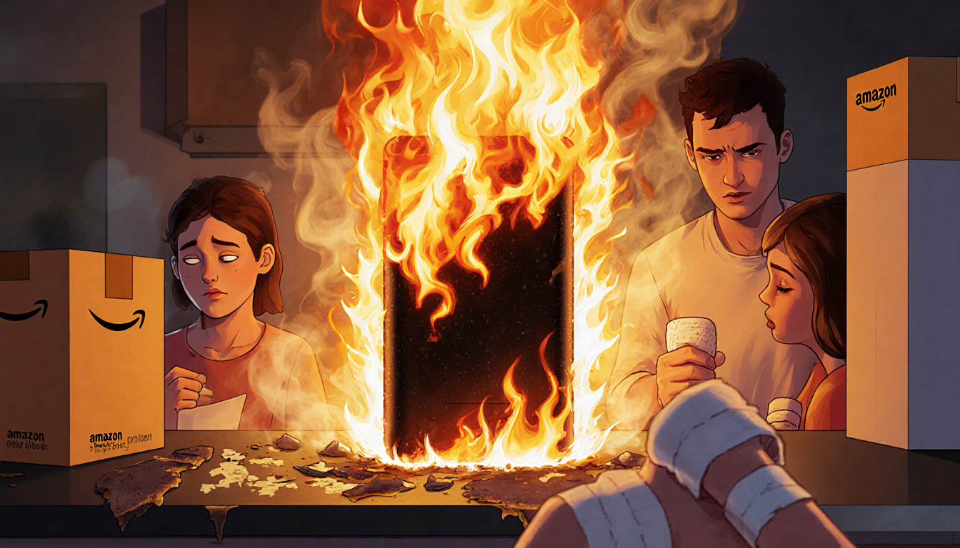 Burnt power bank igniting with flames and smoke with damaged kitchen counter blurred and Amazon packaging visible