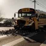 School bus lying in twisted wreck with sun casting long shadows and bystanders frozen in shock