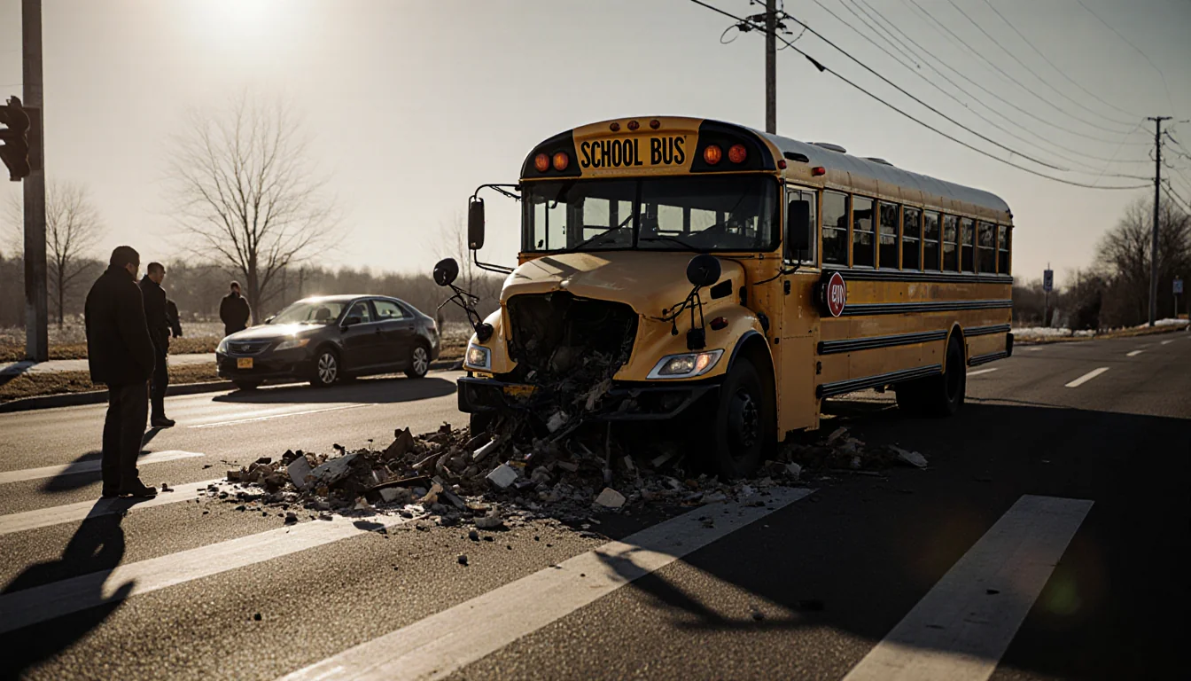 School bus lying in twisted wreck with sun casting long shadows and bystanders frozen in shock